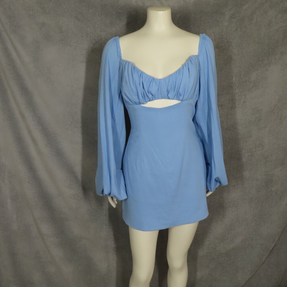 Rumer Blue Crinkle Gauze Cotton Puffy Sleeves Cut-out Camille Mini Dress XS